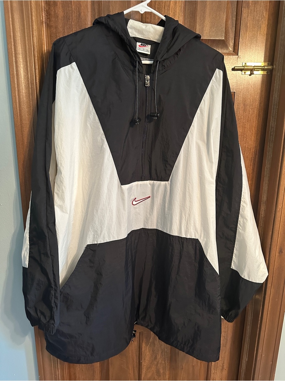 Vintage Nike Black and White Pullover Windbreaker with Red Swoosh